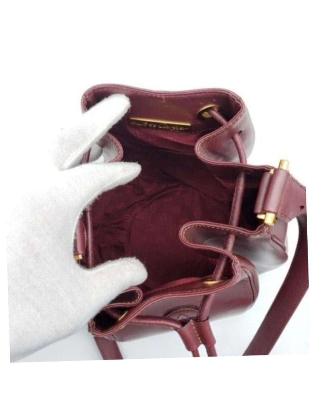 Authentic Cartier Burgundy Leather Bucket Bag Drawstring Crossbody - Picture 10 of 16